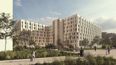 Die Fassadenelemente des Parkhauses sind modular aufgebaut und an die Struktur und Farbgestaltung der weiteren Gebäude des Gesundheits-Campus angelehnt. Copyright: Goldbeck GmbH