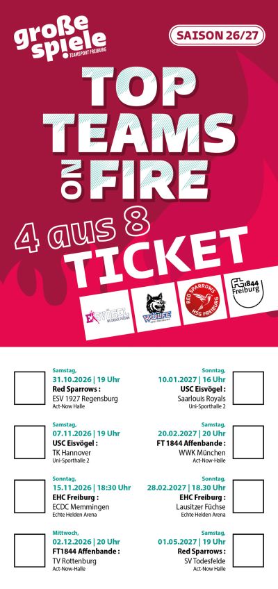 5) GROßE SPIELE 4 aus 8 Ticket Saison 2026/2027. Grafik: jumediaprint